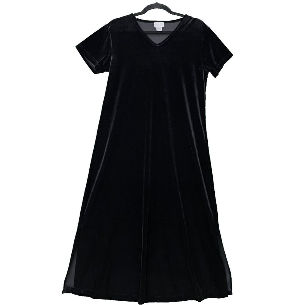 Vtg Cassini Stretch Velvet Maxi Dress Size Large Black 90’s Holiday Short Sleeve